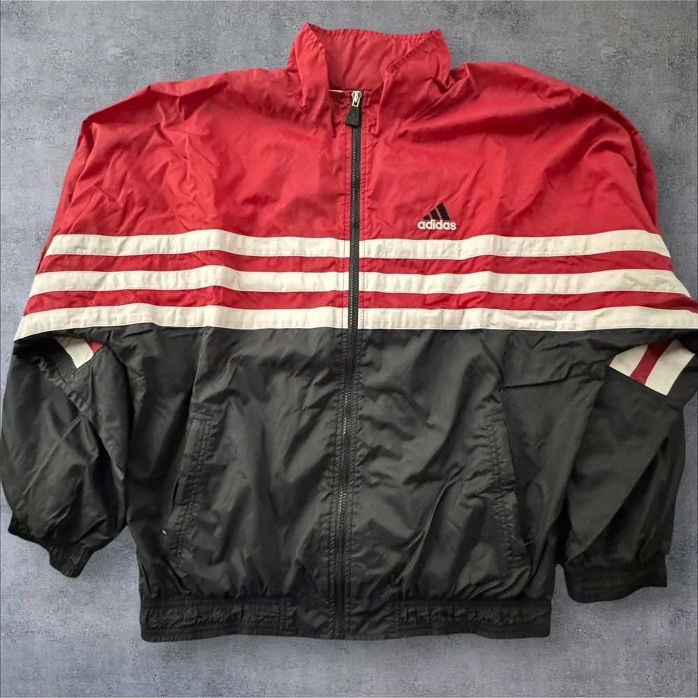 Adidas Vintage 90s Windbreaker Track Jacket M Red Black White 3 Stripe Soccer